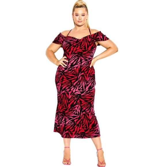 NWT City Chic Mariah Vibrant Zebra Print Cold Shoulder Maxi Dress 22 - Picture 2 of 10